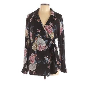 Emilia Black Floral Wrap Shirt Blouse Long Sleeve Womens L Boho Classic Dark